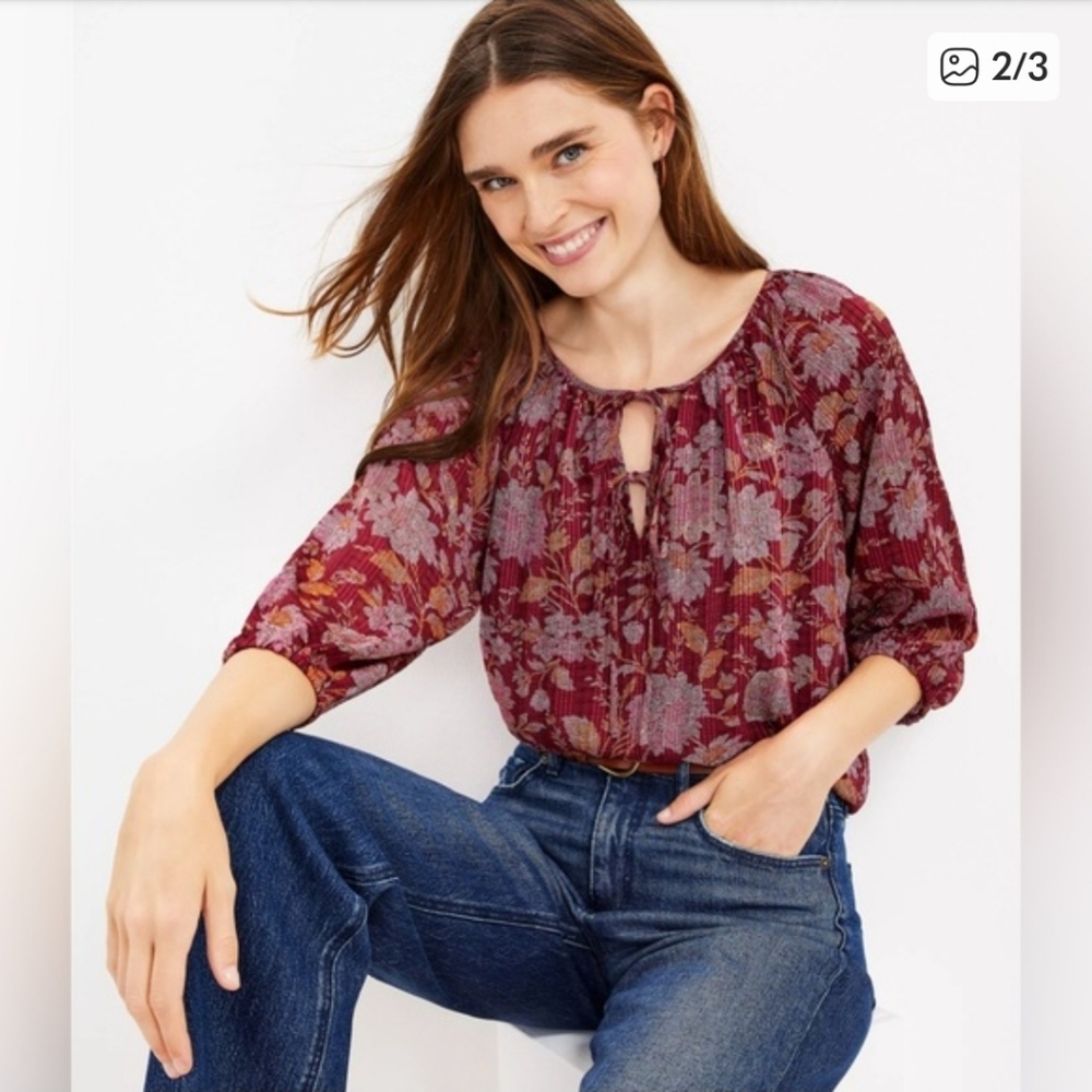 LOFT Burgundy Floral Peasant Blouse Boho Top NWT L
